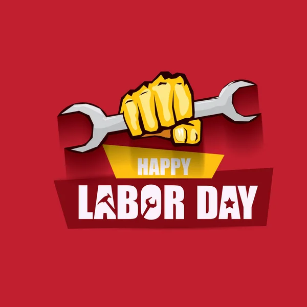 Arbeitstag usa Vektor-Etikett oder Banner Hintergrund. Vektor Happy Labor Day Plakat oder Banner mit geballter Faust isoliert auf rot. Gewerkschaftsikone — Stockvektor