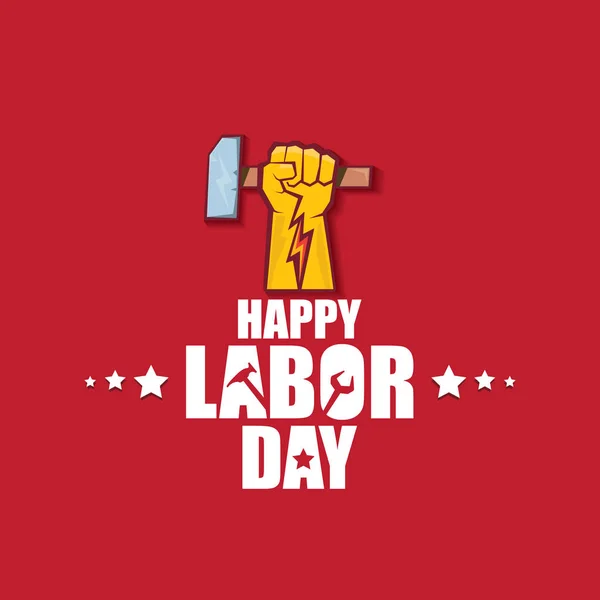 Arbeitstag usa Vektor-Etikett oder Banner Hintergrund. Vektor Happy Labor Day Plakat oder Banner mit geballter Faust isoliert auf rot. Gewerkschaftsikone — Stockvektor