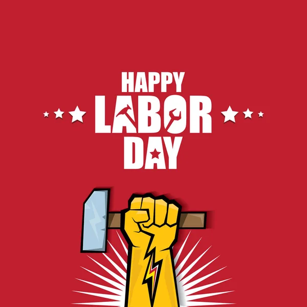 Arbeitstag usa Vektor-Etikett oder Banner Hintergrund. Vektor Happy Labor Day Plakat oder Banner mit geballter Faust isoliert auf rot. Gewerkschaftsikone — Stockvektor