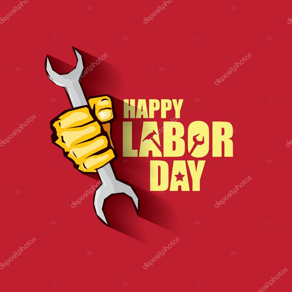 Labor day Usa vector label or background. vector happy labor day poster or banner with clenched fist isolated on red . Labor union icon