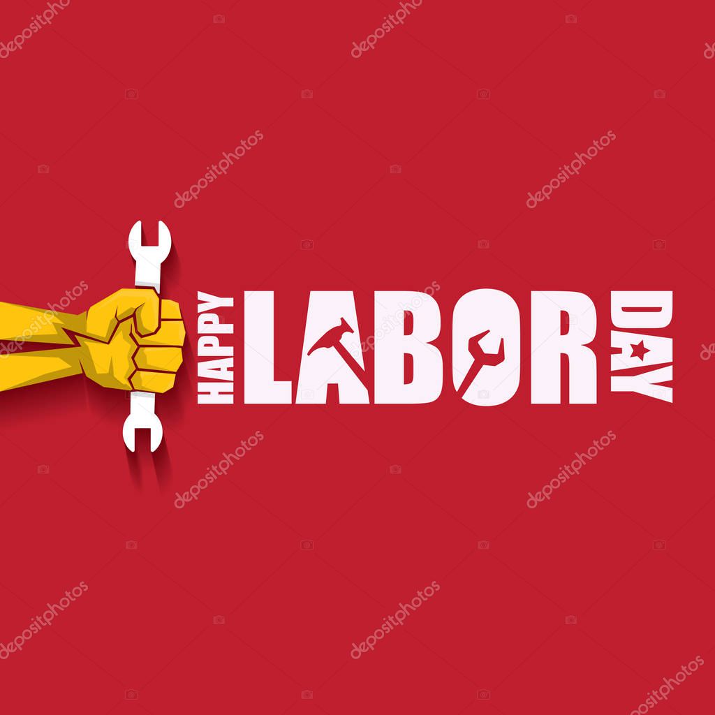 Labor day Usa vector label or background. vector happy labor day poster or banner with clenched fist isolated on red . Labor union icon
