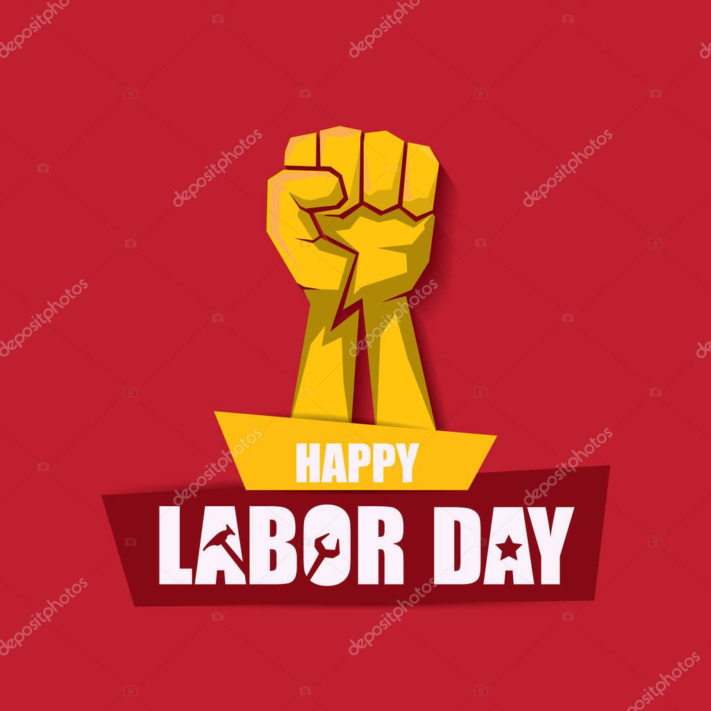 Labor day Usa vector label or background. vector happy labor day poster or banner with clenched fist isolated on red . Labor union icon