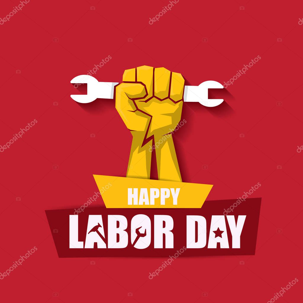 Labor day Usa vector label or background. vector happy labor day poster or banner with clenched fist isolated on red . Labor union icon