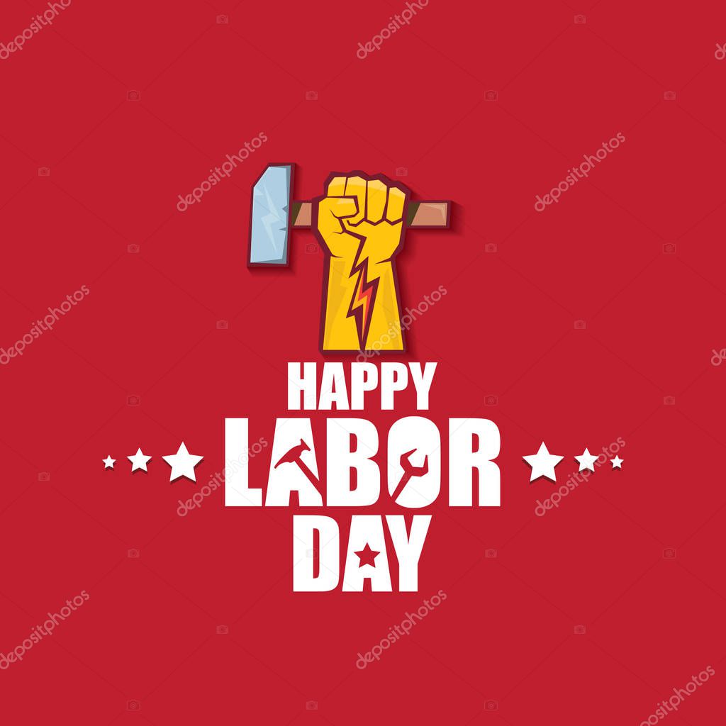 Labor day Usa vector label or background. vector happy labor day poster or banner with clenched fist isolated on red . Labor union icon