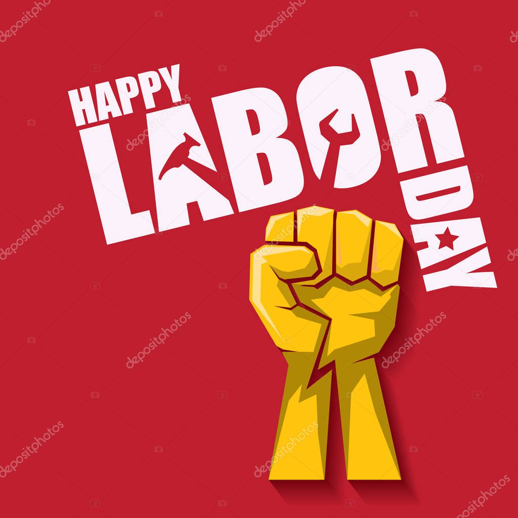 Labor day Usa vector label or background. vector happy labor day poster or banner with clenched fist isolated on red . Labor union icon