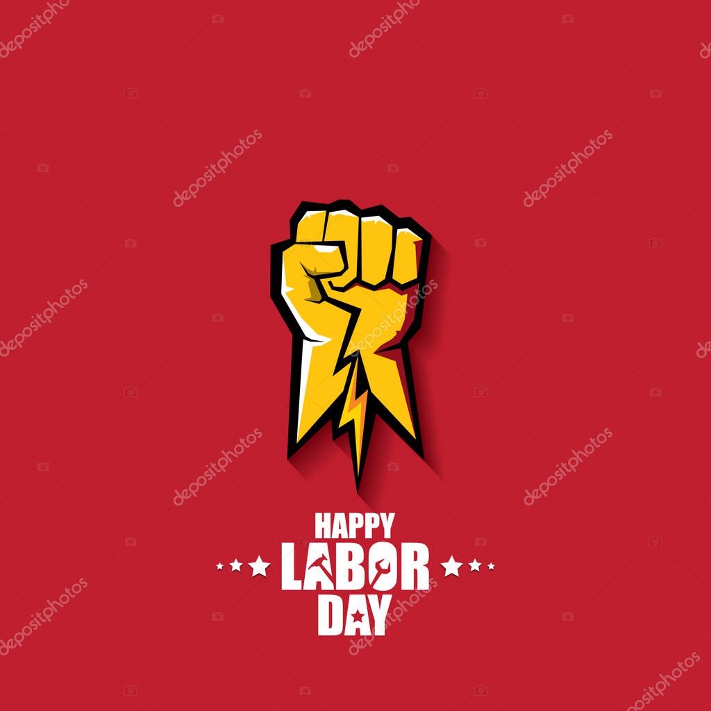 Labor day Usa vector label or background. vector happy labor day poster or banner with clenched fist isolated on red . Labor union icon