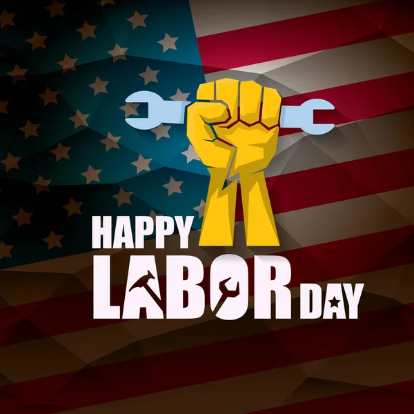 Labor day Usa vector label or background. vector happy labor day poster or banner with clenched fist isolated on usa flag background . Labor union icon — Stock Vector