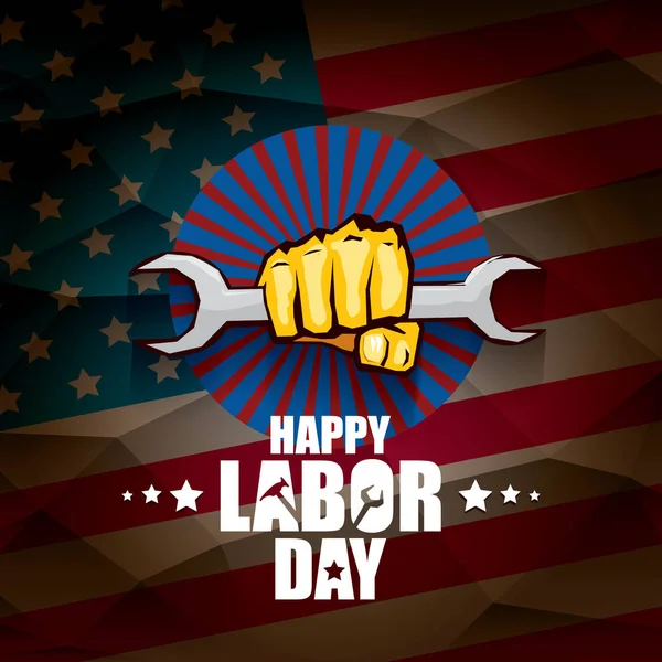 Arbeitstag usa Vektor Etikett oder Hintergrund. Vektor Happy Labor Day Plakat oder Banner mit geballter Faust isoliert auf US-Flagge Hintergrund. Gewerkschaftsikone — Stockvektor