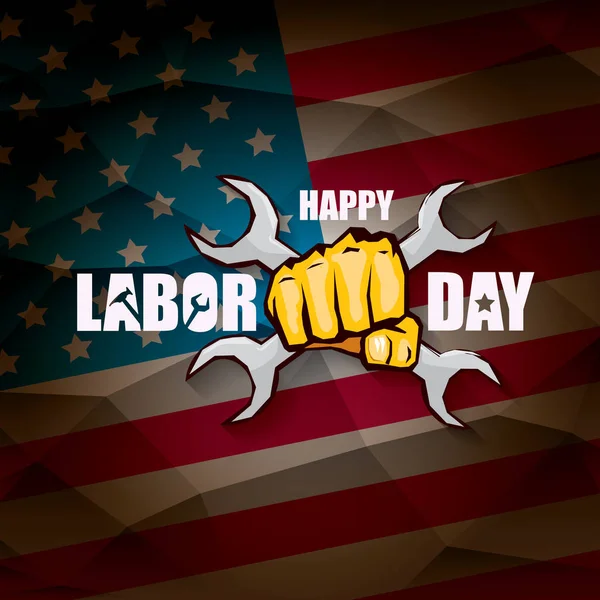 Arbeitstag usa Vektor Etikett oder Hintergrund. Vektor Happy Labor Day Plakat oder Banner mit geballter Faust isoliert auf US-Flagge Hintergrund. Gewerkschaftsikone — Stockvektor