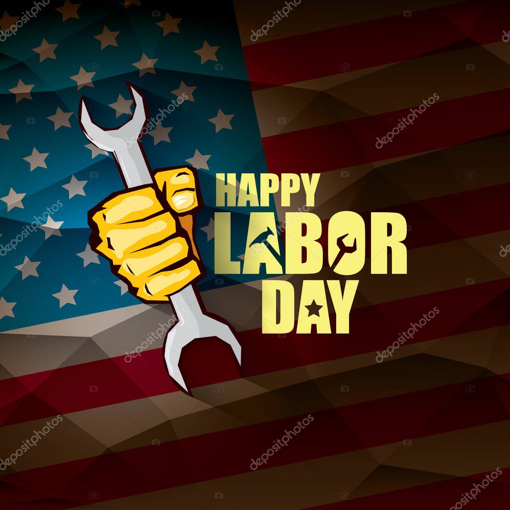 Labor day Usa vector label . vector happy labor day poster or banner with clenched fist isolated on usa flag background . Labor union icon