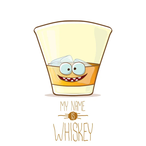 Vector divertido personaje de cristal de whisky aislado sobre fondo blanco. Mi nombre es concepto de vector de whisky. funky hipster alcohol carácter icono para bares etiqueta o menú — Archivo Imágenes Vectoriales