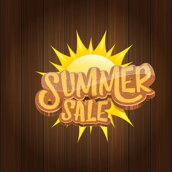 Vector summer sale label or tag on wooden board background with sun. Summer sale poster or banner design template. — Stock Vector