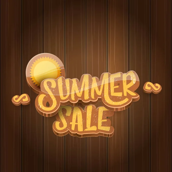 Vector summer sale label or tag on wooden board background with sun. Summer sale poster or banner design template. — Stock Vector