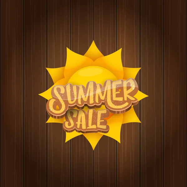 Etiqueta de venta de verano vector o etiqueta sobre fondo de tablero de madera con sol. Plantilla de diseño de cartel o pancarta de venta de verano . — Vector de stock