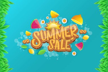 Sammer Satılık yatay afiş metin ile vektör, yaz yeşil çimen, uçan taze limon, çiçekler ve dilim karpuz. Yaratıcı 3d alışveriş yatay poster ya da etiket yaz