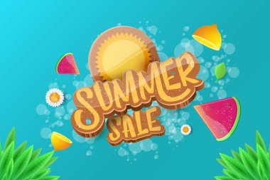 Sammer Satılık yatay afiş metin ile vektör, yaz yeşil çimen, uçan taze limon, çiçekler ve dilim karpuz. Yaratıcı 3d alışveriş yatay poster ya da etiket yaz