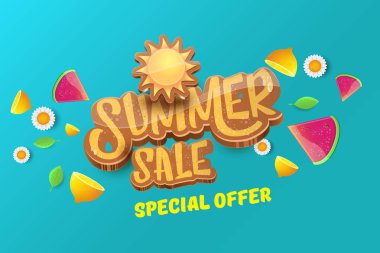 Sammer Satılık yatay afiş metin ile vektör, yaz yeşil çimen, uçan taze limon, çiçekler ve dilim karpuz. Yaratıcı 3d alışveriş yatay poster ya da etiket yaz
