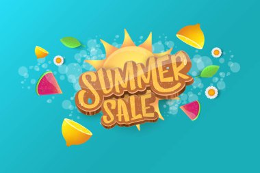 Sammer Satılık yatay afiş metin ile vektör, yaz yeşil çimen, uçan taze limon, çiçekler ve dilim karpuz. Yaratıcı 3d alışveriş yatay poster ya da etiket yaz