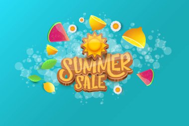 Sammer Satılık yatay afiş metin ile vektör, yaz yeşil çimen, uçan taze limon, çiçekler ve dilim karpuz. Yaratıcı 3d alışveriş yatay poster ya da etiket yaz