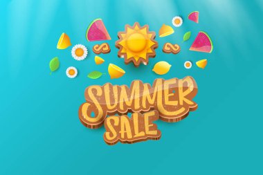 Sammer Satılık yatay afiş metin ile vektör, yaz yeşil çimen, uçan taze limon, çiçekler ve dilim karpuz. Yaratıcı 3d alışveriş yatay poster ya da etiket yaz