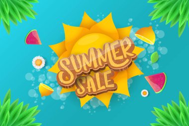 Sammer Satılık yatay afiş metin ile vektör, yaz yeşil çimen, uçan taze limon, çiçekler ve dilim karpuz. Yaratıcı 3d alışveriş yatay poster ya da etiket yaz