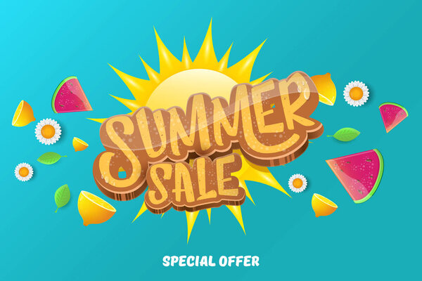 векторная продажа сэммера горизонтального баннера с текстом, летней зеленой травой, летящими свежими лимонами, цветами и ломтиком арбуза. Креативный плакат или этикетка для летнего шопинга
