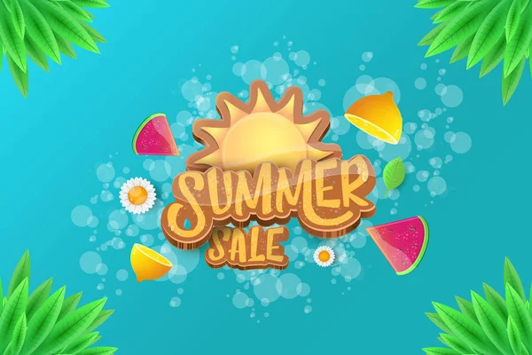 Vector sammer sale horizontal banner with text, summer green grass, flying fresh lemons, flowers and slice of watermelon. Creative 3d summer shopping horizontal poster or label — Stock Vector