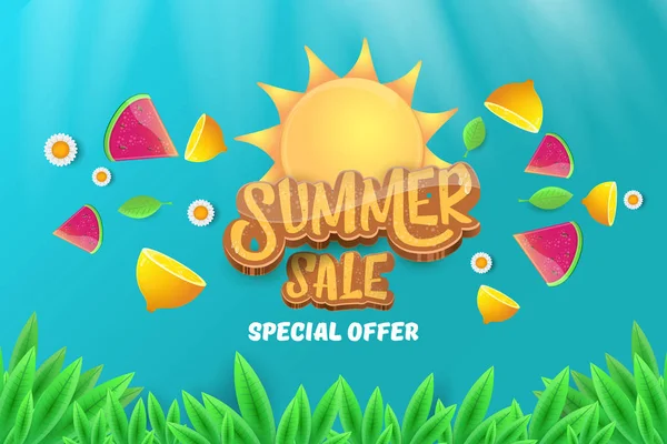 Vector sammer sale horizontal banner with text, summer green grass, flying fresh lemons, flowers and slice of watermelon. Creative 3d summer shopping horizontal poster or label — Stock Vector