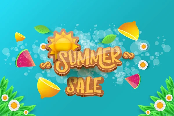 Vector sammer sale horizontal banner with text, summer green grass, flying fresh lemons, flowers and slice of watermelon. Creative 3d summer shopping horizontal poster or label — Stock Vector