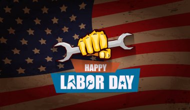 İşçi Bayramı ABD vektör etiket veya yatay arka plan. mutlu İşçi Bayramı poster veya yatay banner ABD bayrağı arka plan üzerinde izole yumruk el ile vektör. İşçi Sendikası simgesi