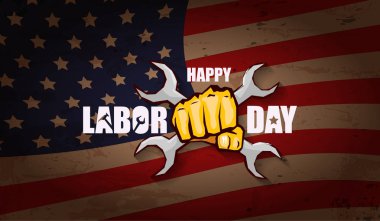 İşçi Bayramı ABD vektör etiket veya yatay arka plan. mutlu İşçi Bayramı poster veya yatay banner ABD bayrağı arka plan üzerinde izole yumruk el ile vektör. İşçi Sendikası simgesi