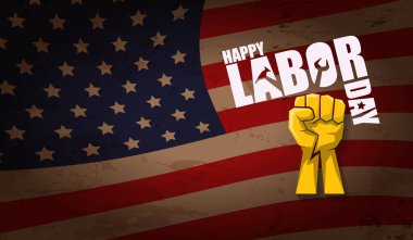 İşçi Bayramı ABD vektör etiket veya yatay arka plan. mutlu İşçi Bayramı poster veya yatay banner ABD bayrağı arka plan üzerinde izole yumruk el ile vektör. İşçi Sendikası simgesi