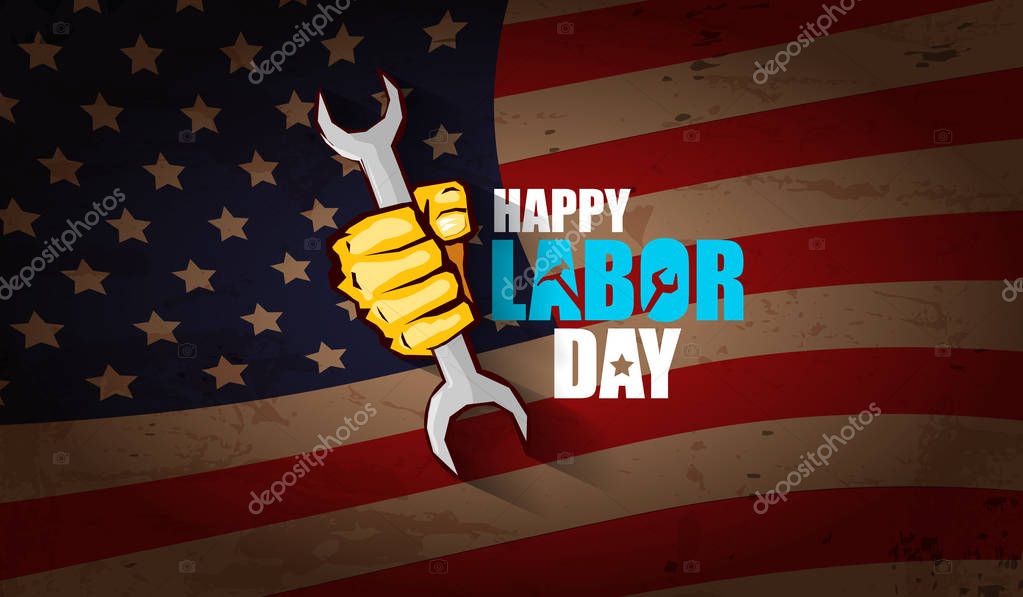 Labor day Usa text vector label or horizontal background. vector happy labor day poster or horizontal banner with clenched fist isolated on usa flag background . Labor union icon