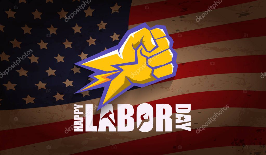 Labor day Usa text vector label or horizontal background. vector happy labor day poster or horizontal banner with clenched fist isolated on usa flag background . Labor union icon