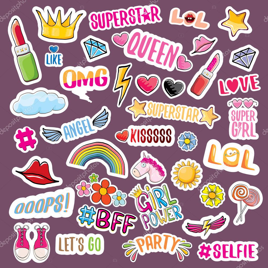 Pop art fashion girls party patchs, color stickers, badges and funky labels set isolated on violet background. Social media pattern with different design elements and cartoon kids stickers