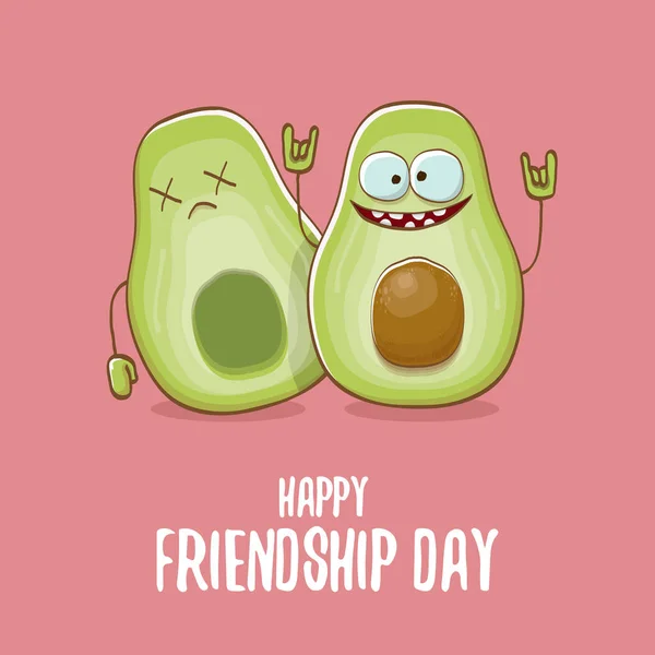 Happy friendship day cartoon comic greeting card with two green avocado friends. Friendship day concept funky greeting card or party poster — Stock Vector