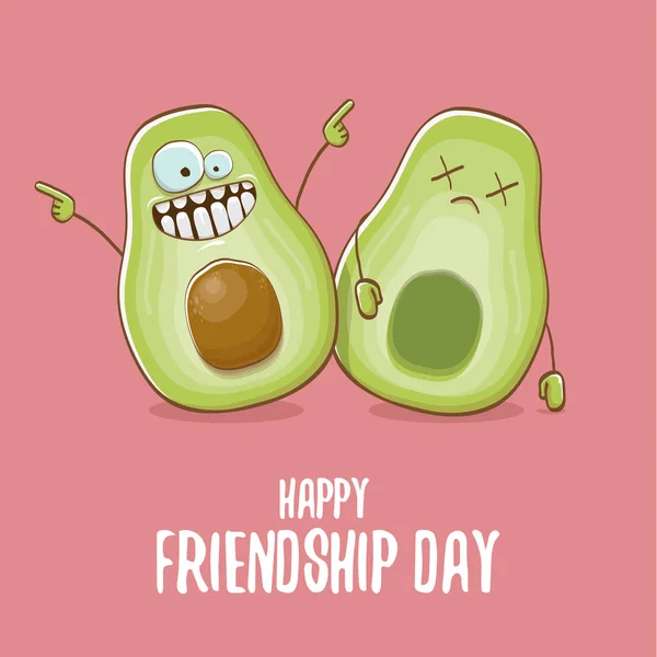 Buon giorno di amicizia cartone animato biglietto di auguri comico con due amici avocado verde. Giorno di amicizia concetto funky biglietto di auguri o partito poster — Vettoriale Stock