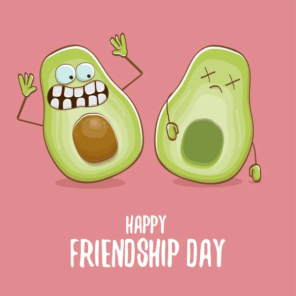 Happy friendship day cartoon comic greeting card with two green avocado friends. Friendship day concept funky greeting card or party poster — Stock Vector