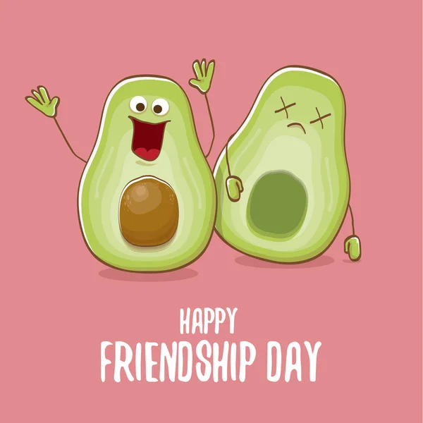 Ευτυχισμένος φιλία ημέρα γελοιογραφία κωμικό ευχετήρια κάρτα με δύο πράσινα αβοκάντο φίλους. Φιλία ημέρα έννοια funky ευχετήρια κάρτα ή αφίσα πάρτι — Διανυσματικό Αρχείο