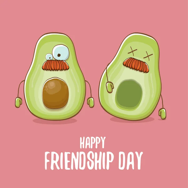 Happy friendship day cartoon comic greeting card with two green avocado friends. Friendship day concept funky greeting card or party poster — Stock Vector