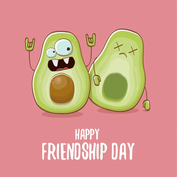 Happy friendship day cartoon comic greeting card with two green avocado friends. Friendship day concept funky greeting card or party poster — Stock Vector