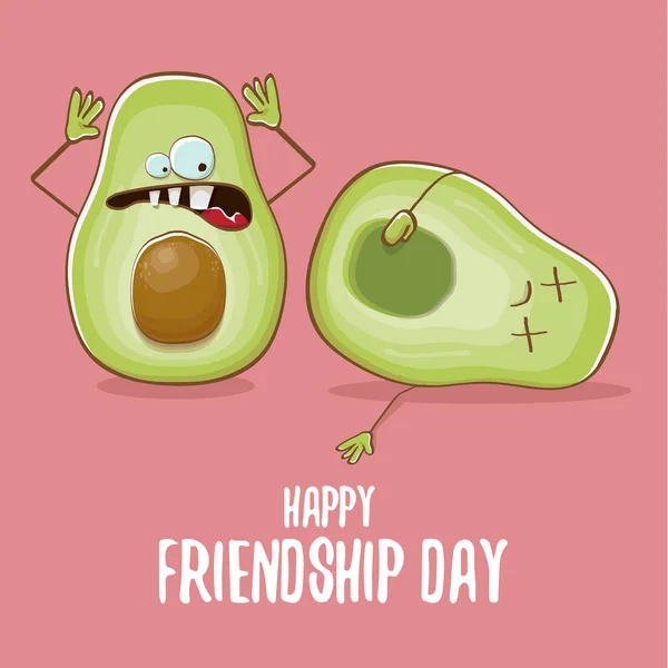 Happy friendship day cartoon comic greeting card with two green avocado friends. Friendship day concept funky greeting card or party poster — Stock Vector