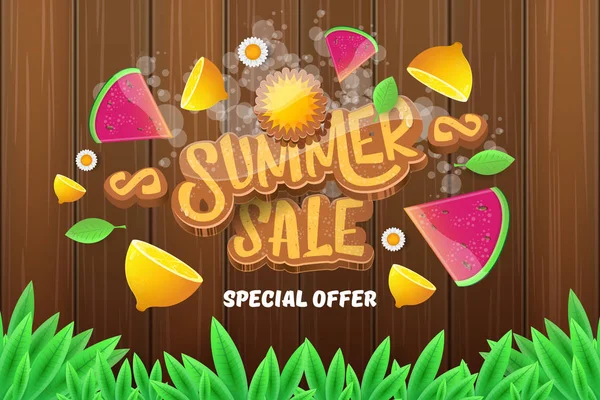 Vector sammer sale horizontal banner with text, summer green grass, flying fresh lemons, flowers and slice of watermelon. Creative 3d summer shopping horizontal poster or label — Stock Vector