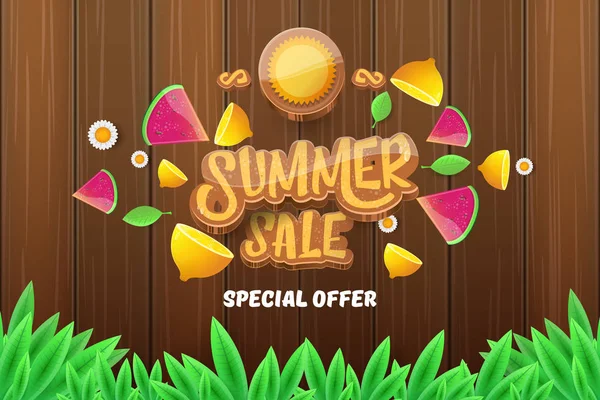 Vector sammer sale horizontal banner with text, summer green grass, flying fresh lemons, flowers and slice of watermelon. Creative 3d summer shopping horizontal poster or label — Stock Vector