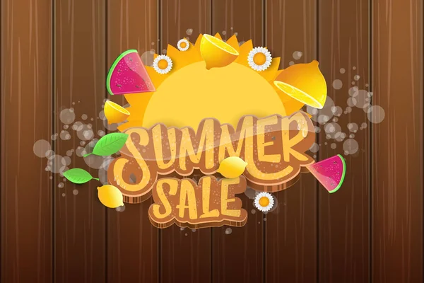 Vector sammer sale horizontal banner with text, summer green grass, flying fresh lemons, flowers and slice of watermelon. Creative 3d summer shopping horizontal poster or label — Stock Vector