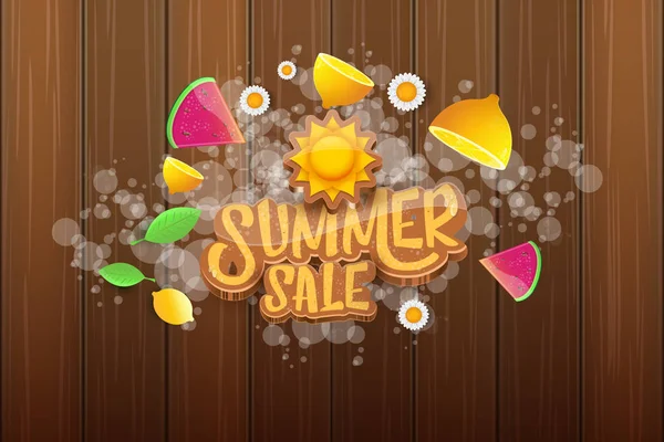 Vector sammer sale horizontal banner with text, summer green grass, flying fresh lemons, flowers and slice of watermelon. Creative 3d summer shopping horizontal poster or label — Stock Vector