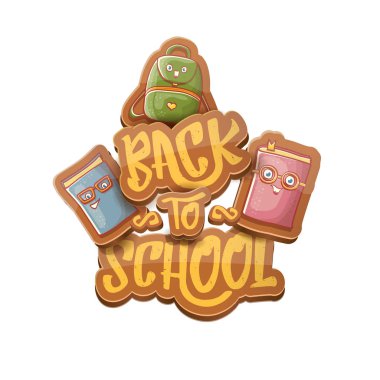 Geri okul vektör karakter arka plan için kalem, kitap, çanta, silgi ve metin için yer gibi komik karikatür malzemeleri ile. Geri okul çizgi film etiketi üzerinde beyaz izole için vektör