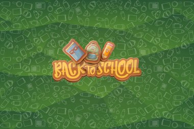 Vektör horizntal arka plan şablonu okula veya kalem, kitap, çanta, silgi ve metin için yer gibi komik karikatür malzemeleri ile banner dönün. Geri okul etiket için vektör