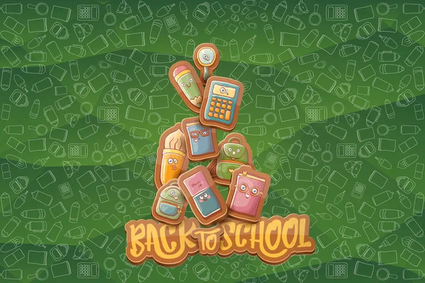 Back to school vector horizntal background template or banner with funny cartoon supplies like pencil, book, bag, eraser and space for text. Вектор назад в школу — стоковый вектор