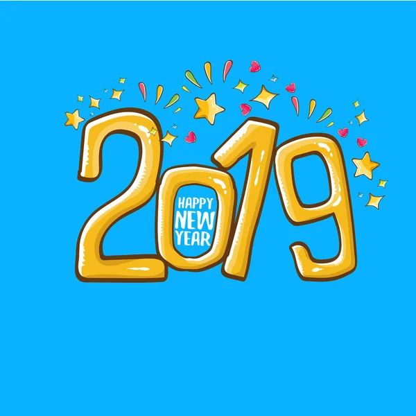 2019 modelo de design de cartaz Feliz Ano Novo. Vetor feliz ano novo saudação ilustração com mão colorida desenhado 2019 números e estrelas isoladas no fundo azul — Vetor de Stock